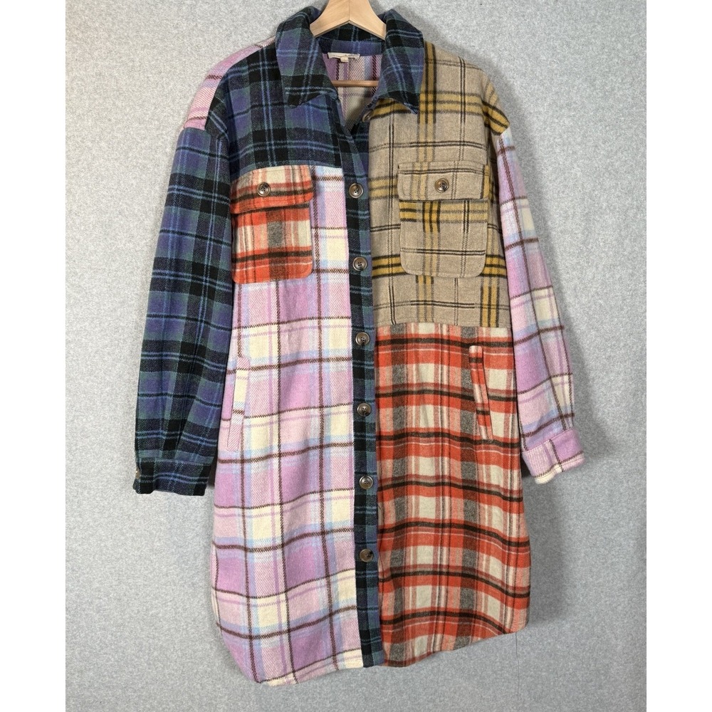 Mystree Patchwork Jacket Womens Large Plaid Midi Long Button Up